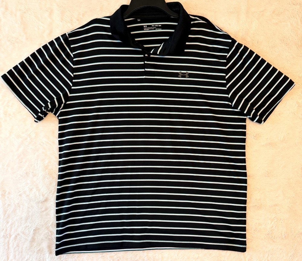Under Armour HeatGear Polo Shirt 2XL Black White Stripe Loose Golf Performance